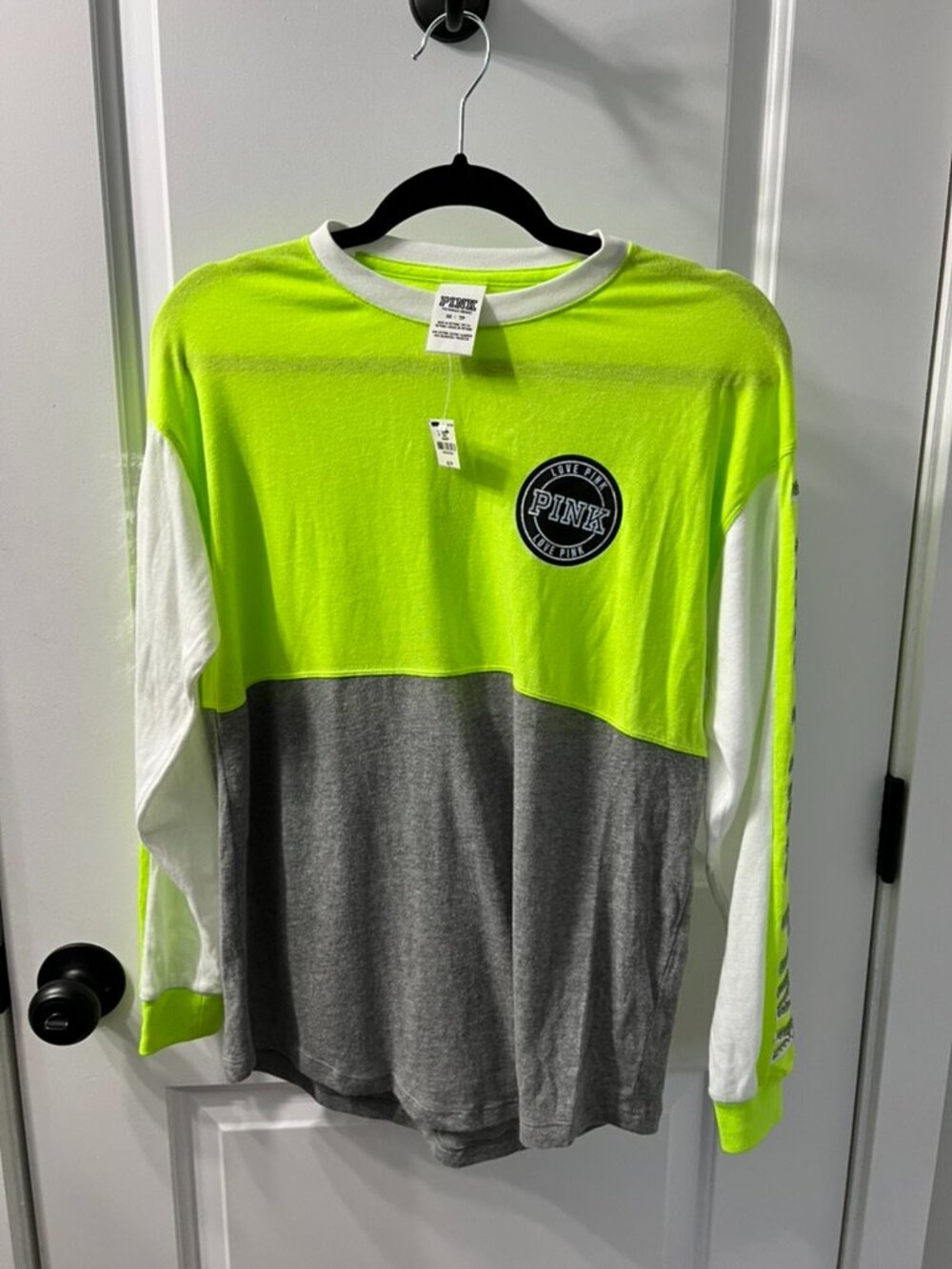 PINK Victoria's Secret Bling Campus Long Sleeve Tee XS Neon Yellow - Picture 2 of 7